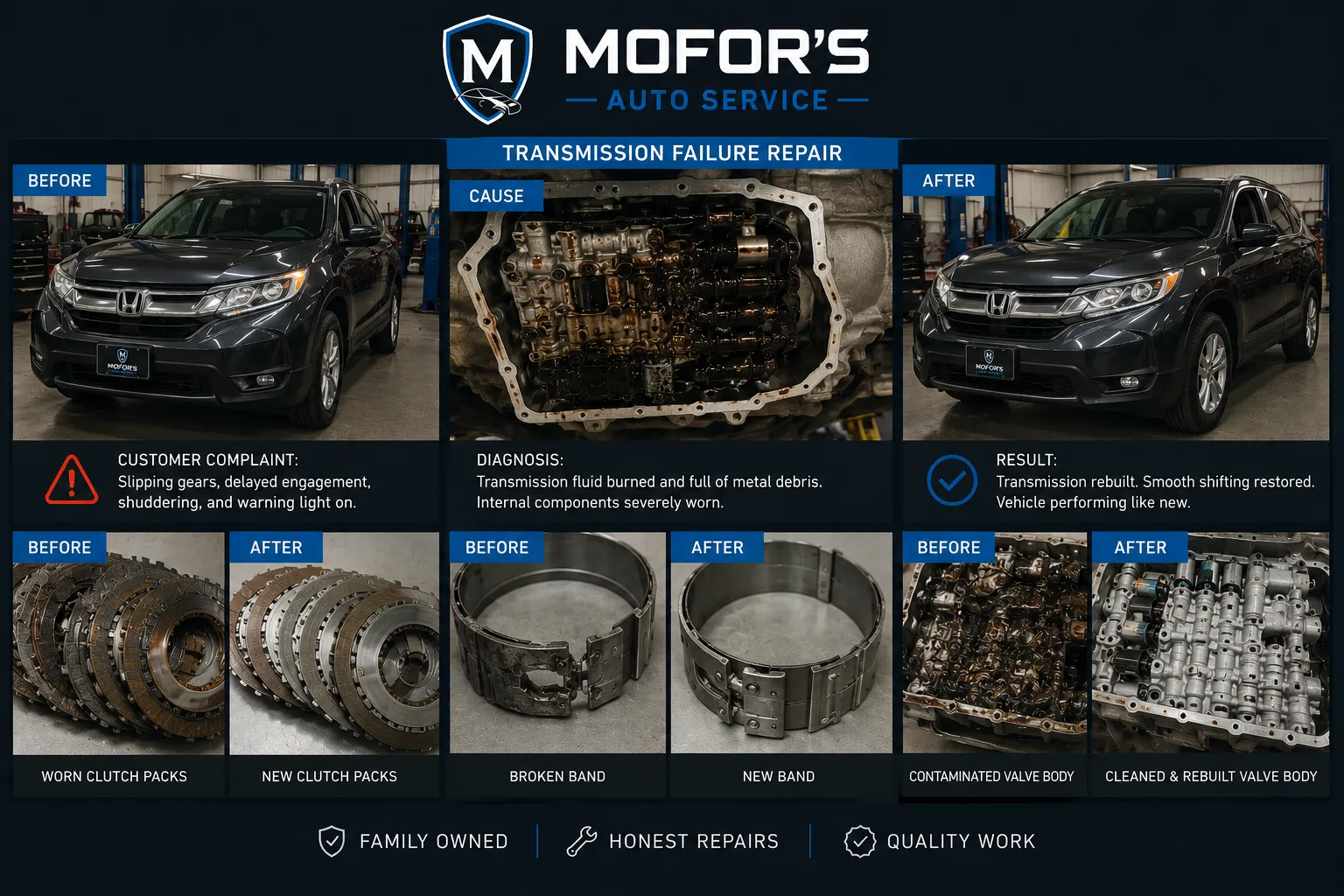 Transmission failure repair case study — before, cause, and after results at Mofor's