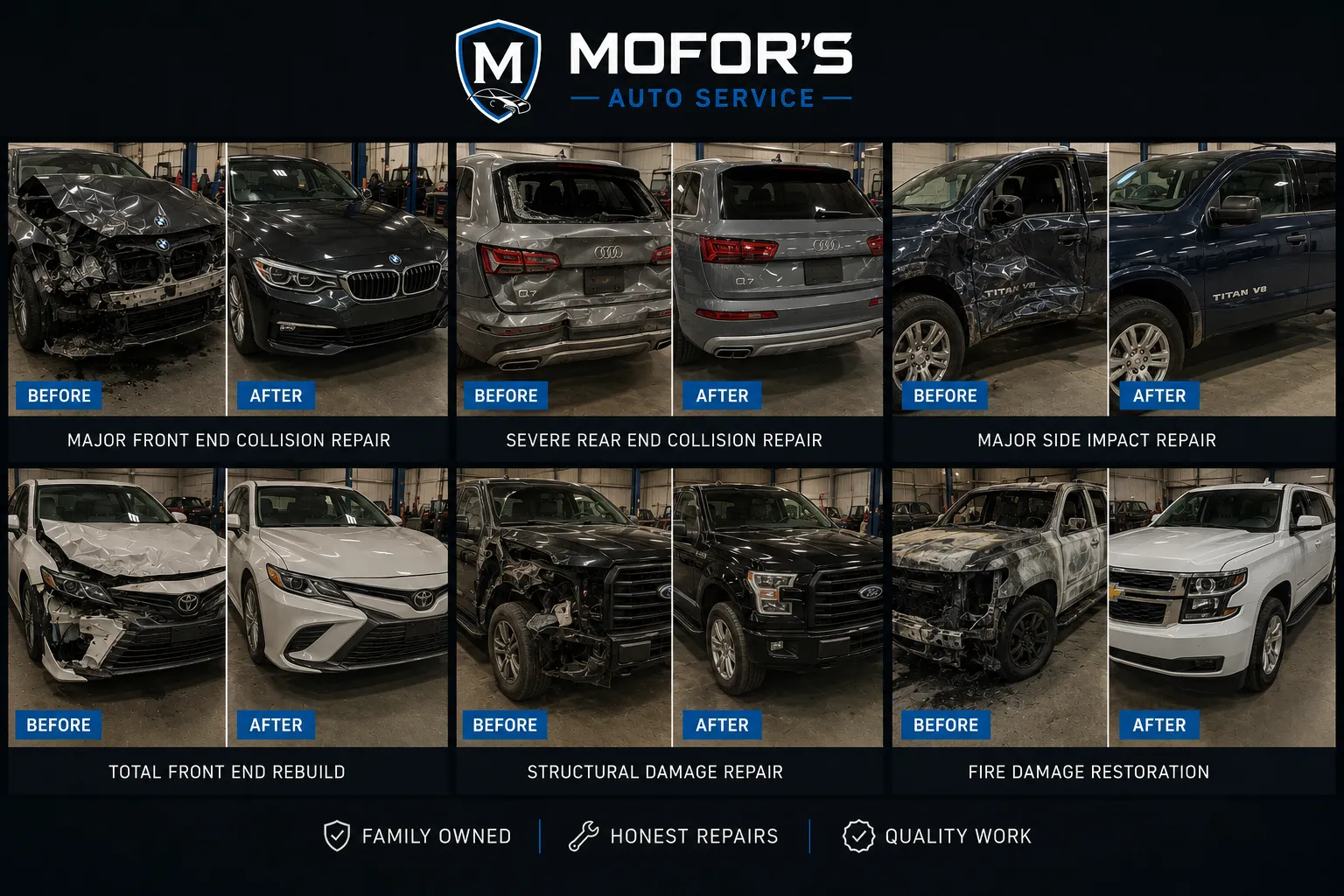 Major collision repair before and after results — BMW, Audi Q7, Nissan Titan, Toyota Camry, Ford F-150, Chevy Tahoe