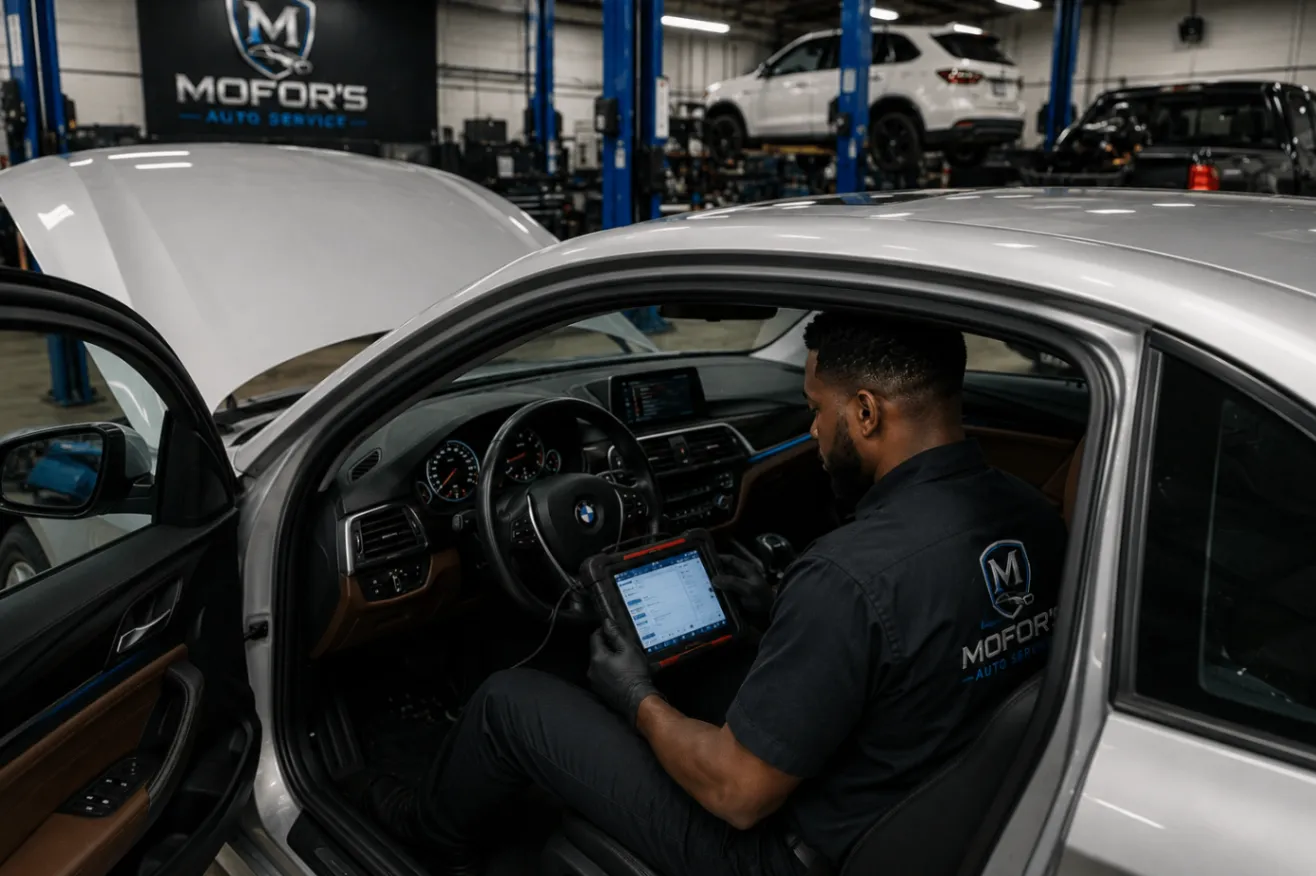 Mercedes diagnostics being performed inside the Mofor's workshop