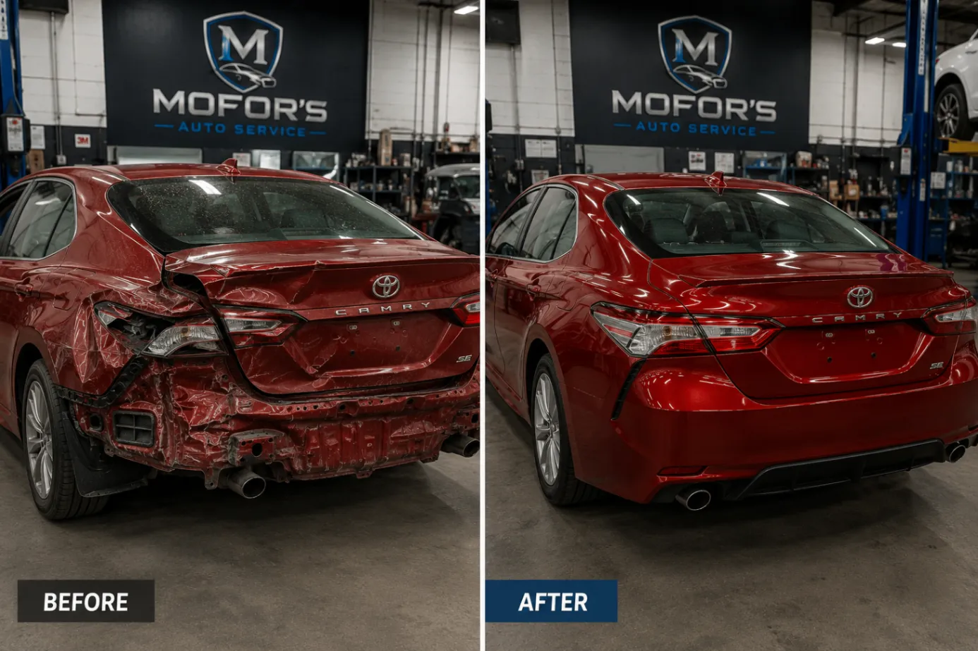 Before and after collision repair completed by Mofor's Auto Service
