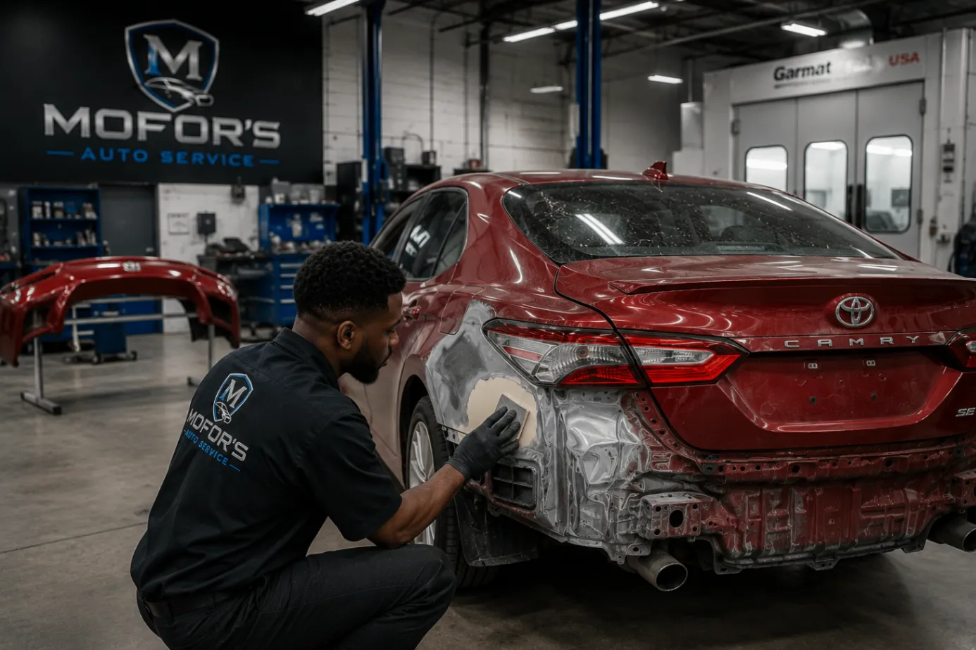 Collision repair in progress at Mofor's Auto Service in Houston