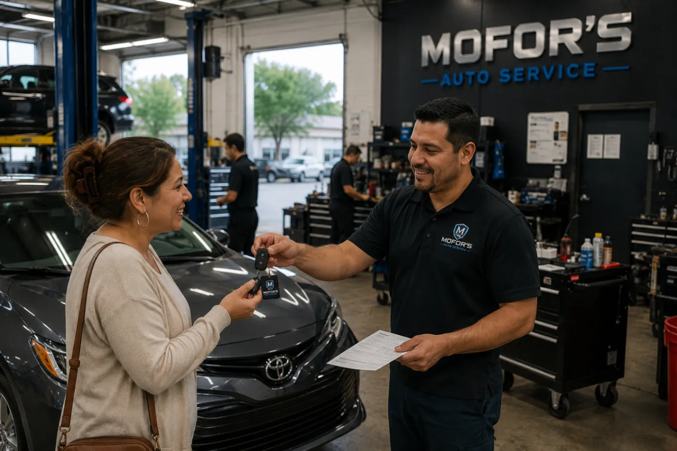 Customer pickup moment at Mofor's Auto Service