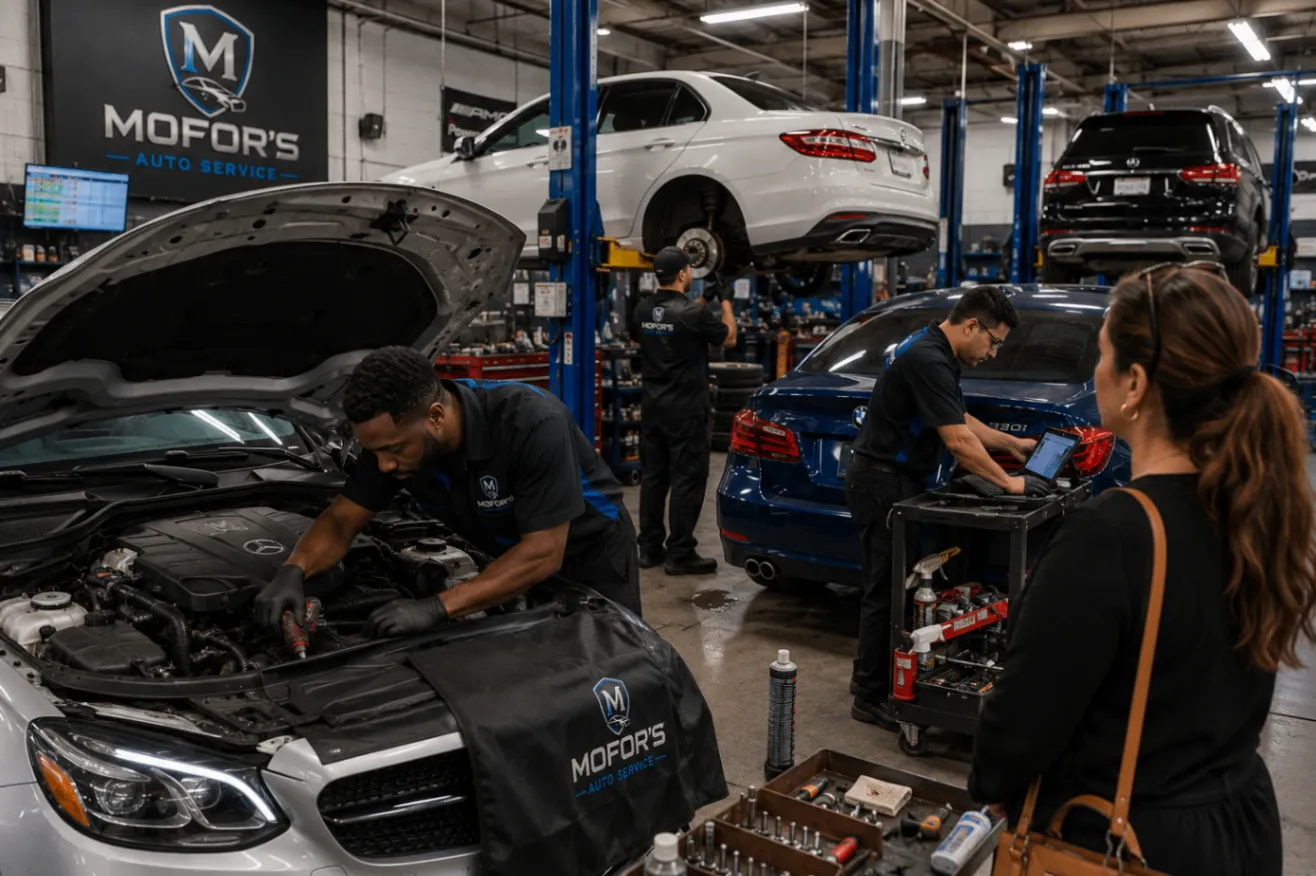 Busy workshop floor with Mercedes vehicles on lifts and active repair work