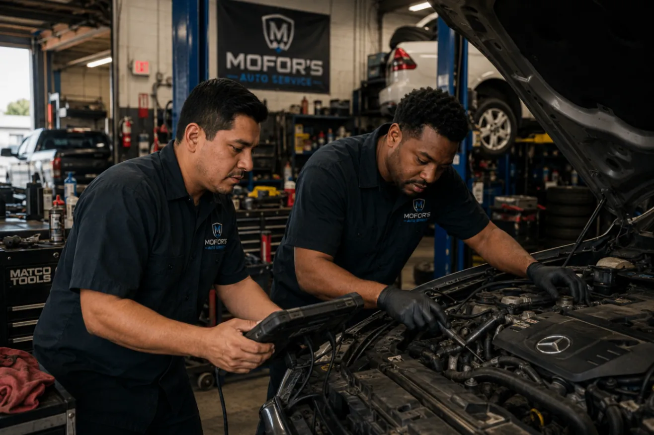 Two Mofor's technicians working together on an engine in the service bay