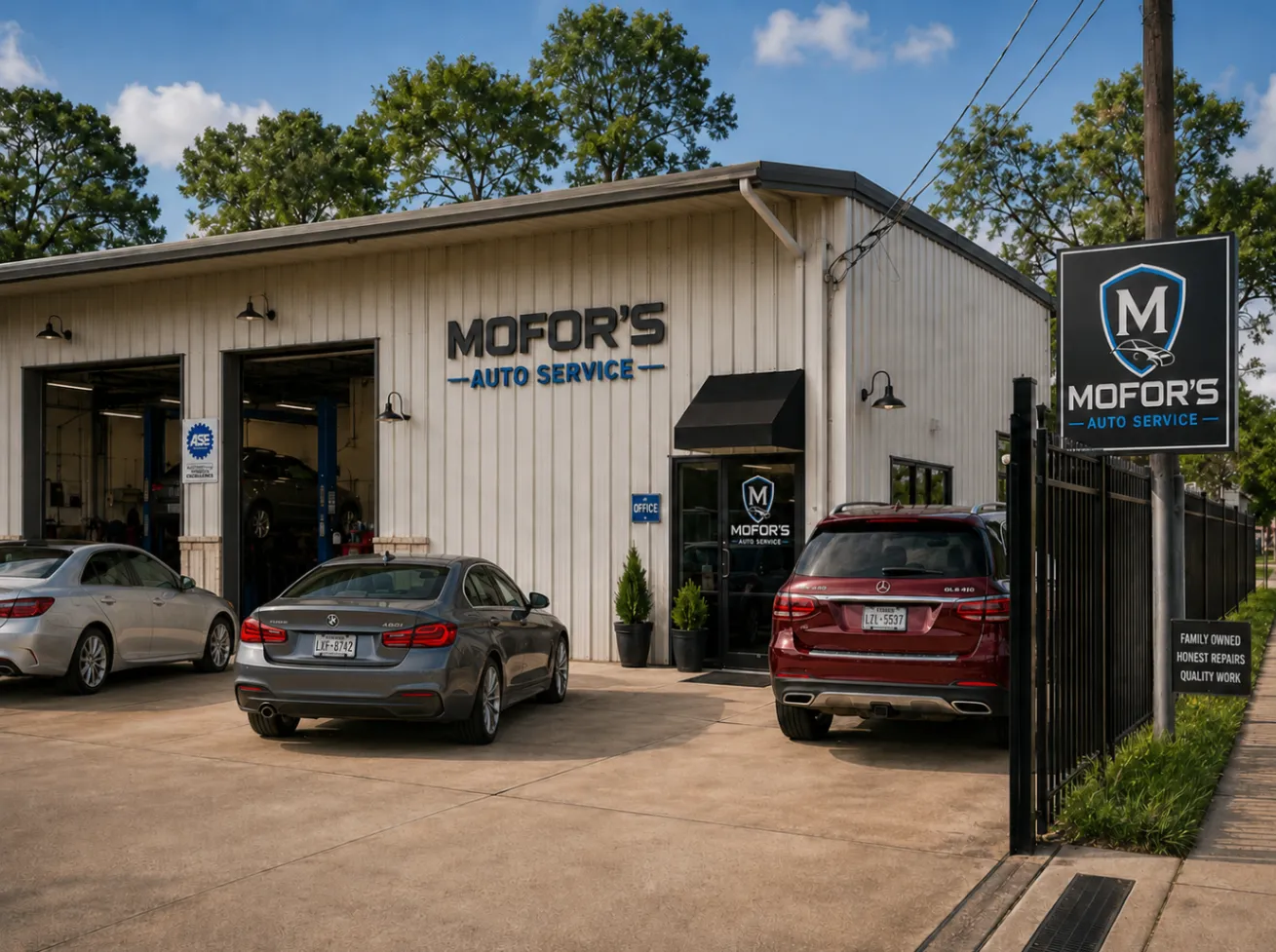 Exterior of Mofor's Auto Service building in Houston