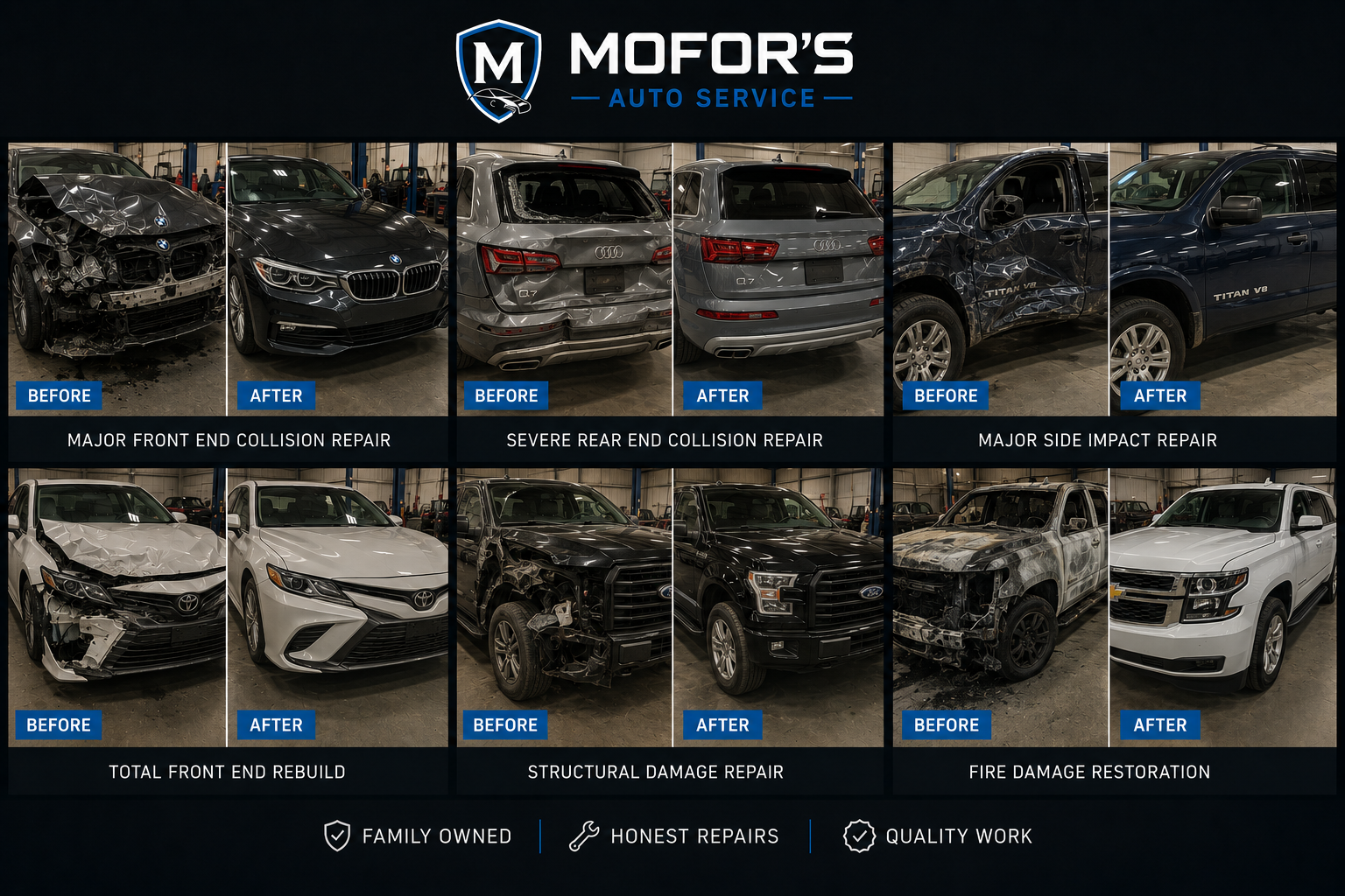 Multiple before and after collision repairs — BMW, Audi, Toyota, Ford, Chevrolet and more