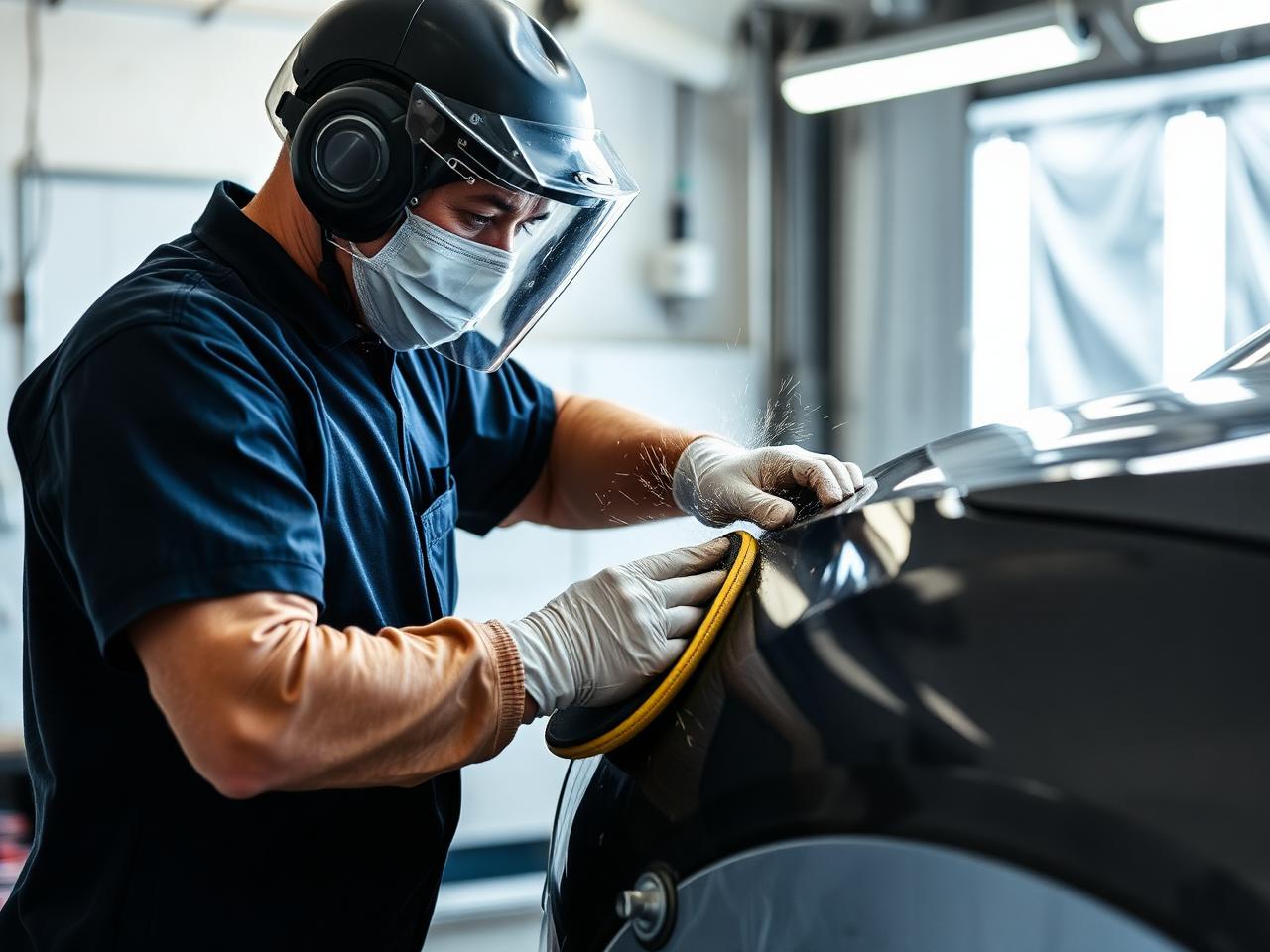 Auto body technician sanding a vehicle panel during collision repair