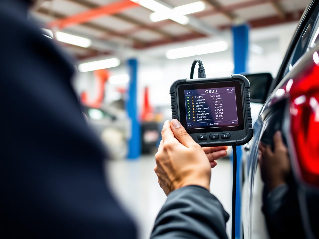 Technician running engine diagnostics with an OBD-II scanner