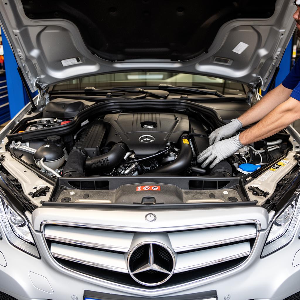 Mercedes-Benz engine bay under service at Mofor's Auto Service
