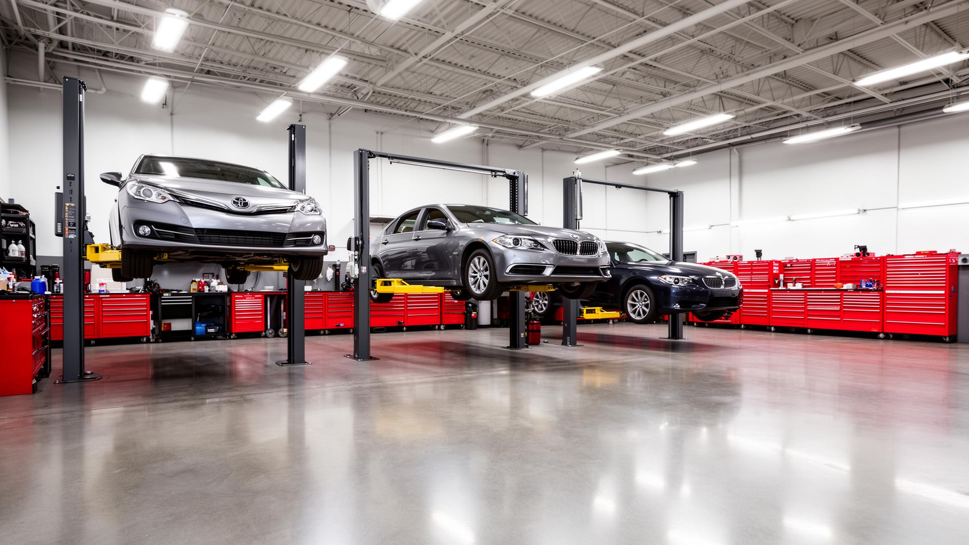 Clean professional Houston repair shop interior with vehicles on lifts